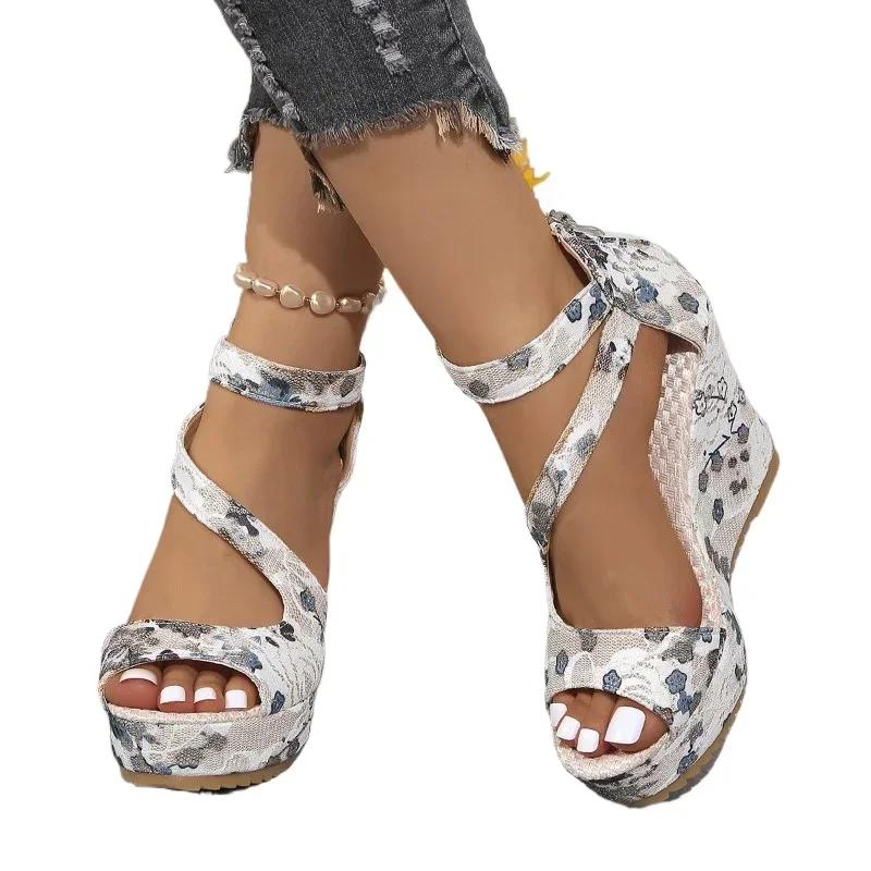 2024 Hot Sale Ladies Shoes Cover Heel Women's Sandals Dress Sandals Women Print Back Zip Platform Wedges Shoes Women