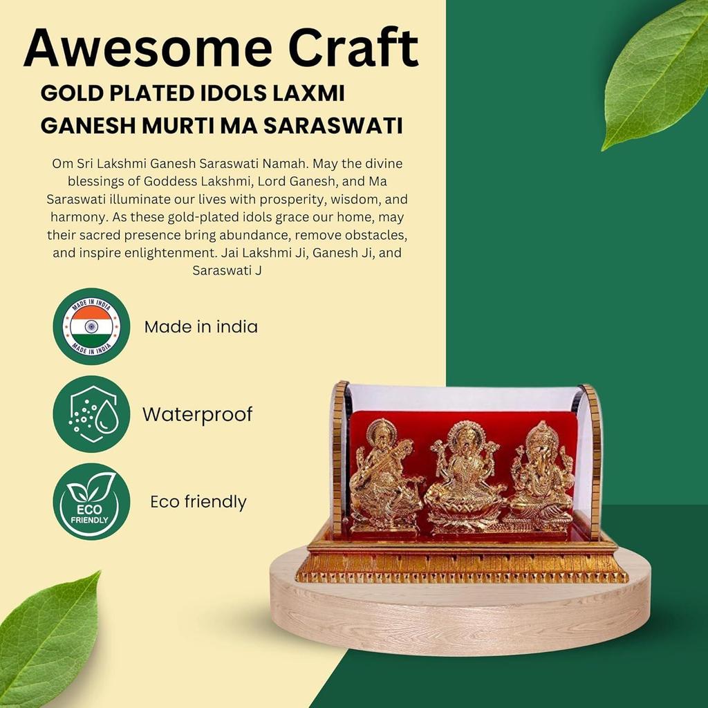 Gold Plated Idols | Laxmi Ganesh Murti & Ma Saraswati | Home Decor, Pooja Room, Study Table, Living Room & Office Decoration | Gift Item