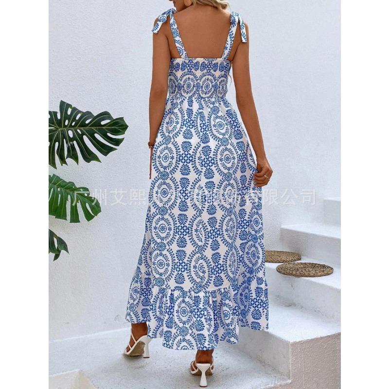 Women's Dress Summer Fashion Halter Printed Sleeveless Split Long Dresses