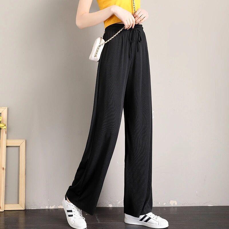 Women's Summer Ice Silk High-Waisted Wide-Leg Pants - Lightweight, Thin, Drapey, Floor-Length Casual Trousers