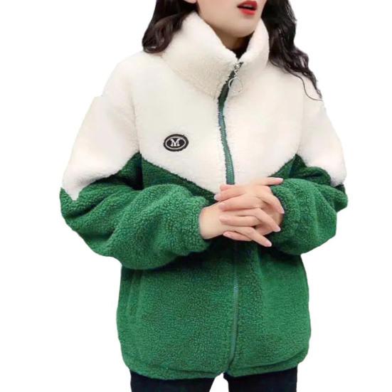 Women Winter Fall Coat Thickened Plush Color Matching Stand Collar Zipper Closure Long Sleeve Casual Cardigan Warm Heat Retention Pockets Lady