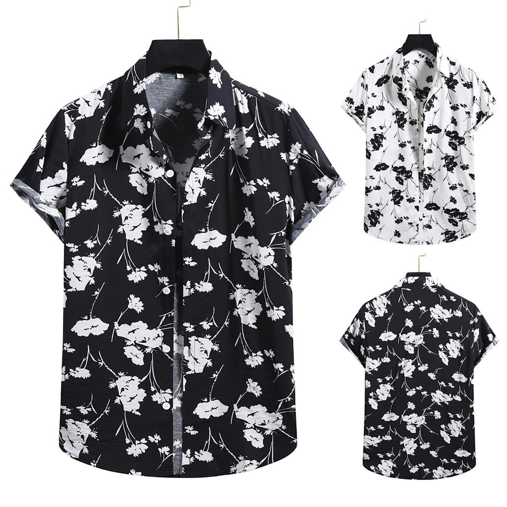 Men's Fashion Cotton Linen Print Short Sleeve Button Shirt Blouse Top