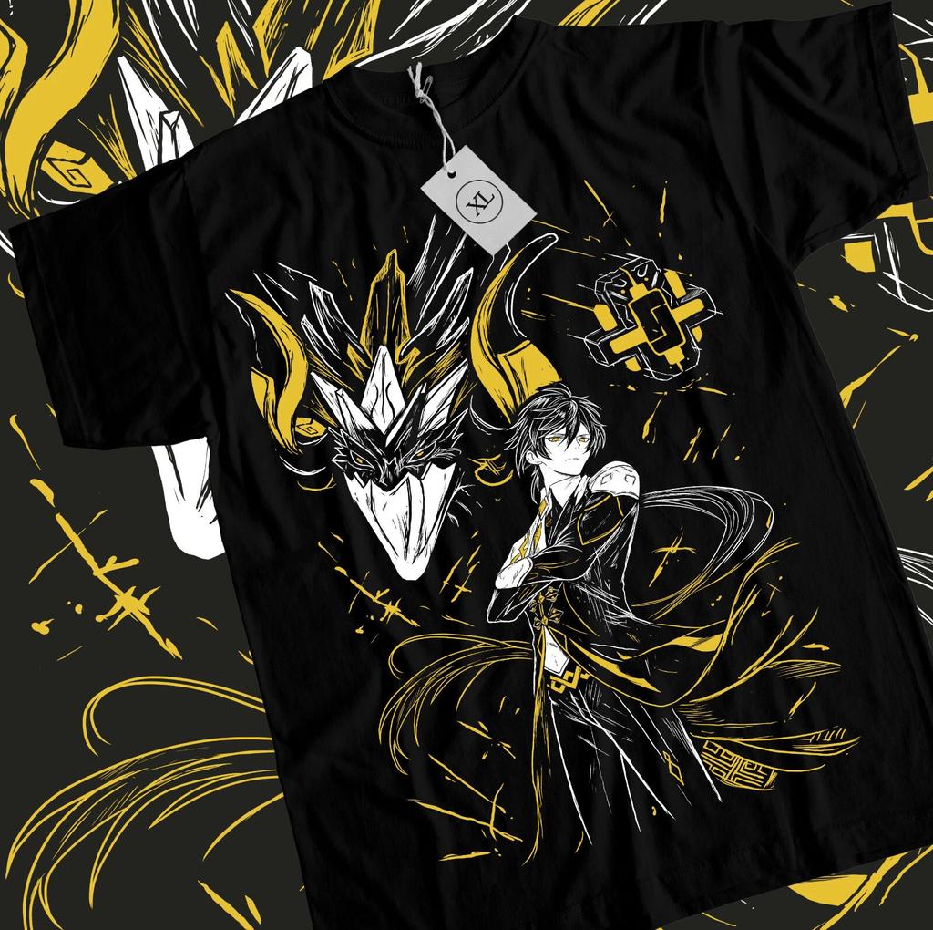 Zhongli Genshin Impact Tshirt Anime Boys Girl Kawaii Black Shirt