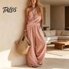 Talos Baumwoll-Leinen 2-teilige Sets für Damen, Ein-Schulter-Ärmelloses Oberteil mit Weitbeiniger Hose Passendes Set, Sommerurlaub Lounge Outfits