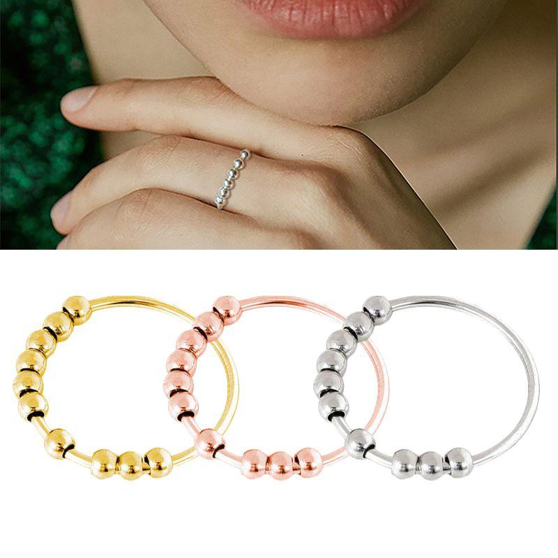 Silver Rotatable Sterling Beaded Finger Ring For Antistress Anxiety Gifts Ring