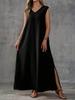 European and American Summer New Sleeveless V-neck Side Split Dress Temperament Elegant Solid Color