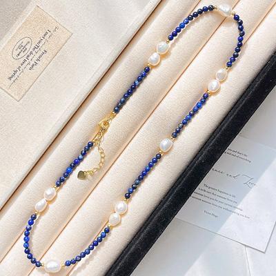 Rétro Haute Qualité Gros Grain Lapis Lazuli Naturel Cristal Artificiel Perle Collier Chaîne de Pull