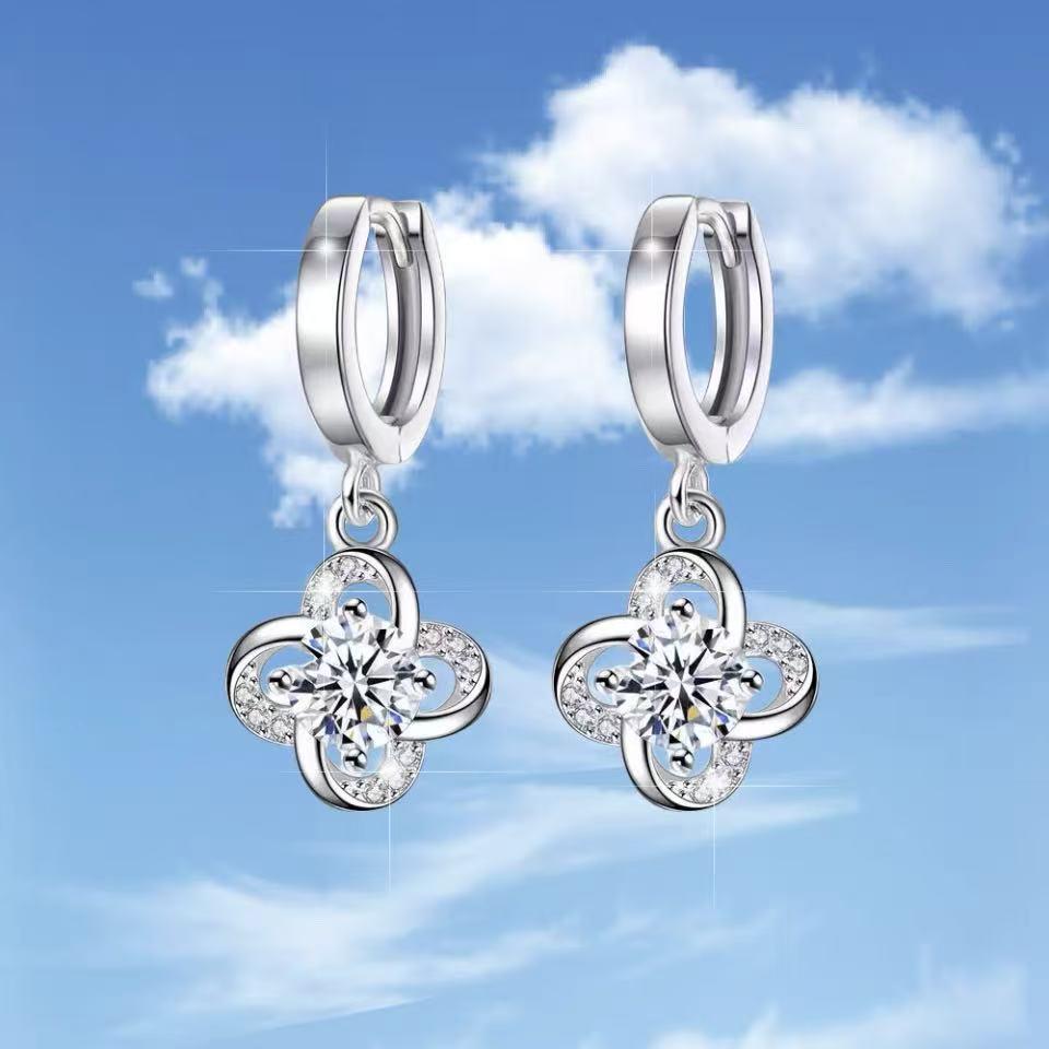 Fashionable Pure Silver 999 Four-Leaf Clover Crystal Earrings for Women - Elegant Ear Drops & Trendy Ear Cuffs 99 Silver