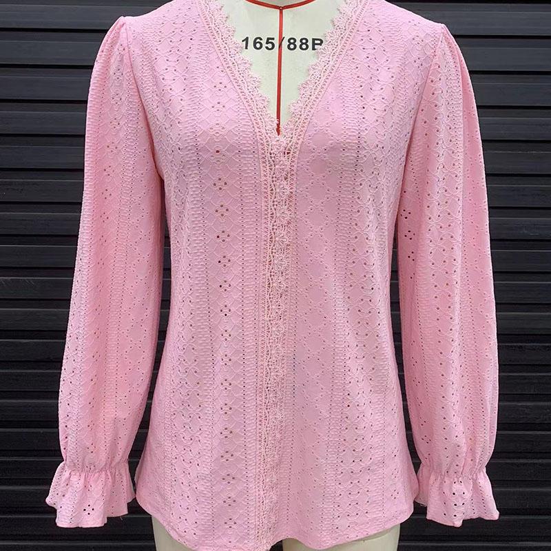 Vår og høst damebluse Ensfarget blonder patchwork V-hals løs langermet topp