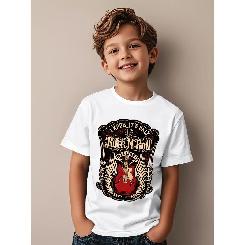 European sizes Boys Rock Music Graphic T-Shirt - Features the Fun It s Only Rock n Roll But I Like It Slogan, Electric Guitar 110 белый