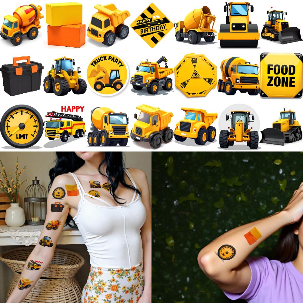 63pcs Temporary Tattoo Construction Vehicles Temporary Tattoo Stickers Warning Signs Cartoon For Cheeks Women Shoulders