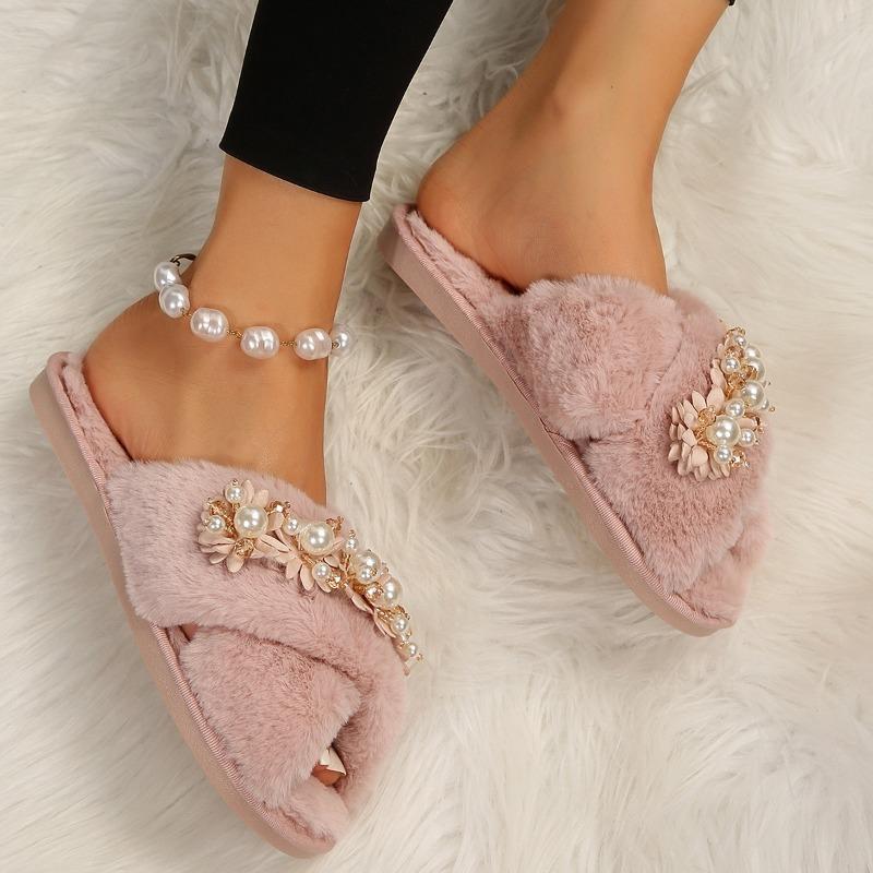 Fashion Women's Flat Home Cotton Slippers Autumn Winter Warm Fur Flowers Beaded Slipper for Women Casual Light Non-slip Slides Shoes