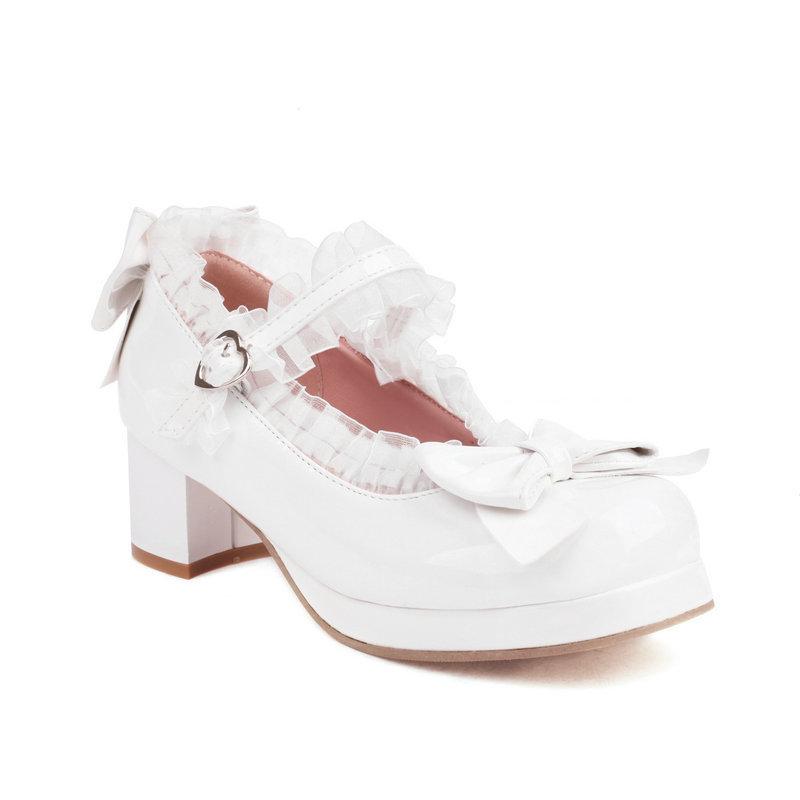 Girls High Heels Woman Heel Lolita Shoes Patent Leather Bow Mary Jane Pumps Women Wedding Cosplay Party Shoe Red Pink Black30-43