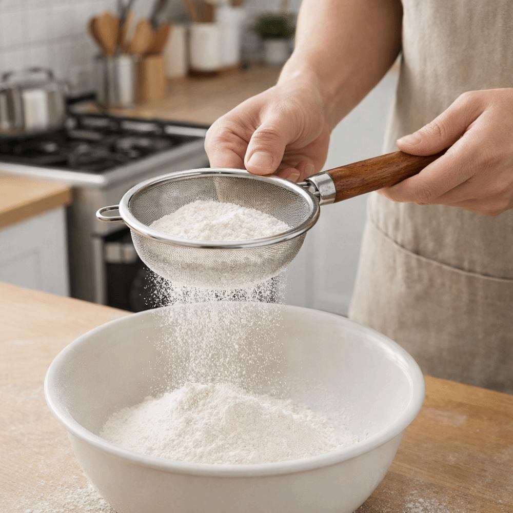 Stainless Steel Flour Filter Spoon Wooden Handle Kitchen Filter  Baby Food Preparation