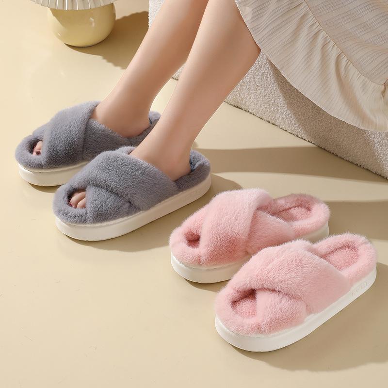 Autumn and Winter New Solid Color Imitation Rabbit Fur Women's Cross-strapped Cotton Slippers Home Indoor and Outdoor Warm Cotton Slippers EVA