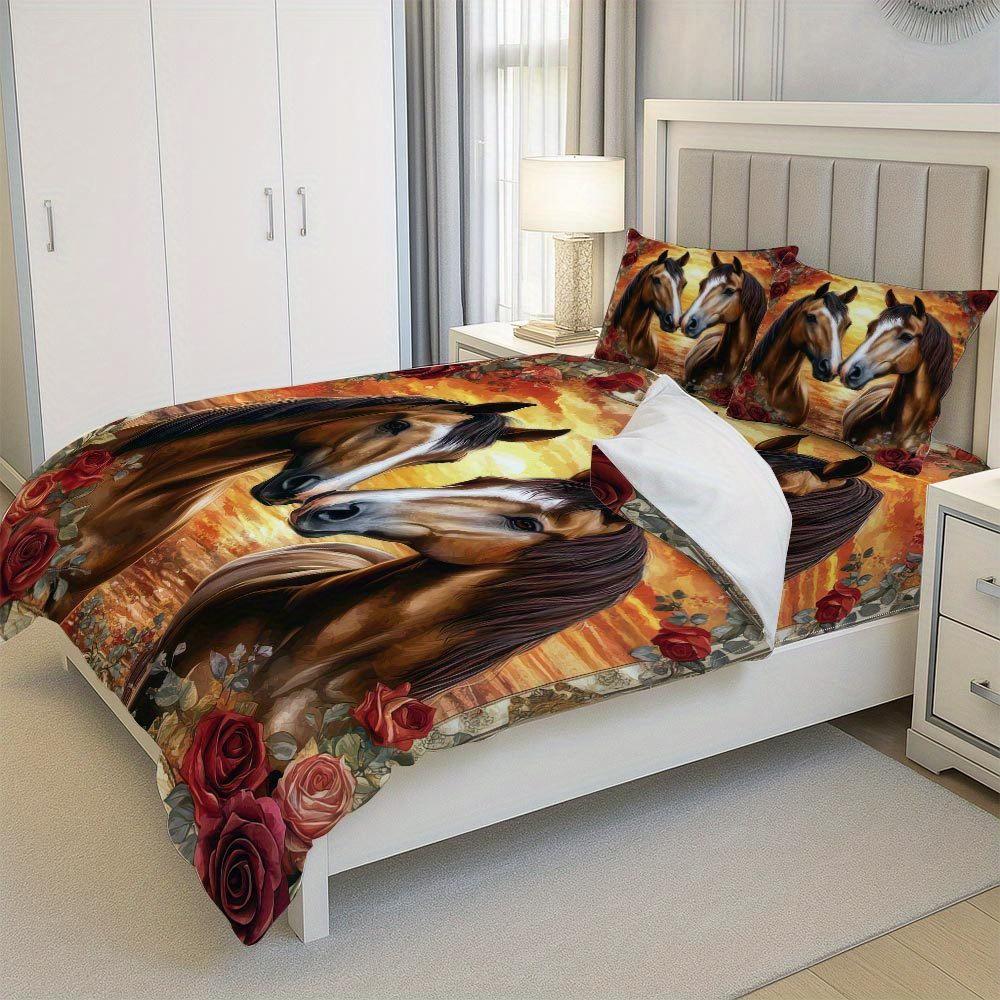 2/3Pcs Elegant Horse And Rose Duvet Cover Set - Vibrant Sunset Design With Two Galloping Horses Red Roses & Golden Accents