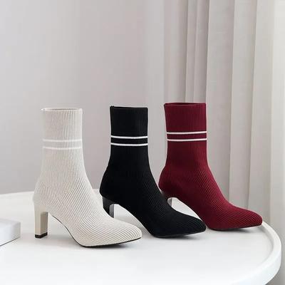 New Small Square Heel Socks Boots Fashion Women's Shoes Cloth Elastic Fabric Pointed Women's Winter Ankle Boots 35-40