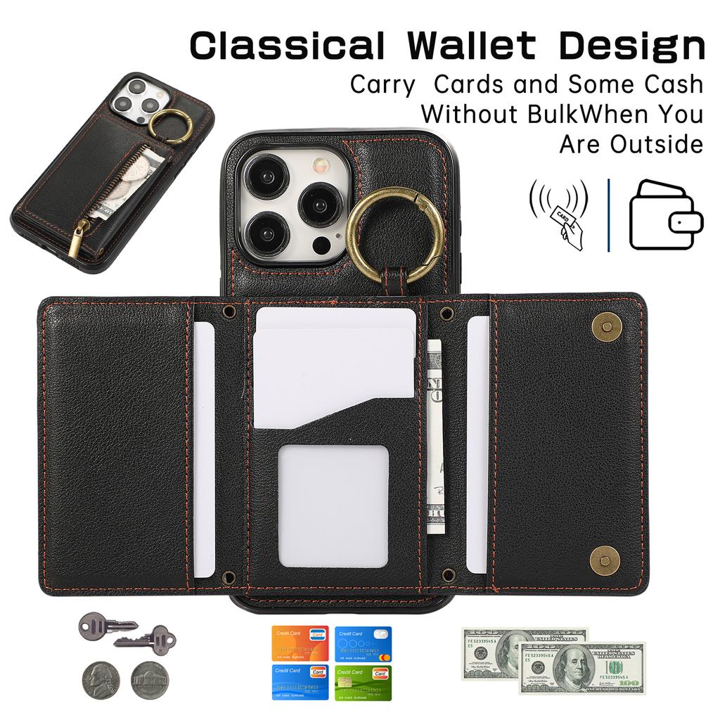 Ring Zipper Wallet Multi Card Flip Leather Case for iPhone 15 14 13 12 11 Pro Max XS MAX XR for Samsung S24 S23 S22 S21 S20 Ultra Plus A14 A13 A53 A54