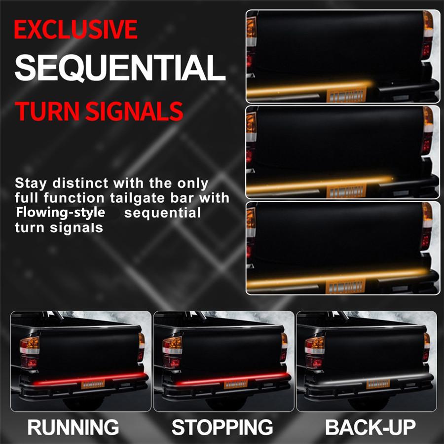 60" Triple Row LED Tailgate Light Bar with Amber Turn Signal/Double Flash, Red Brake/Running, White Reverse Lights - Weatherproof