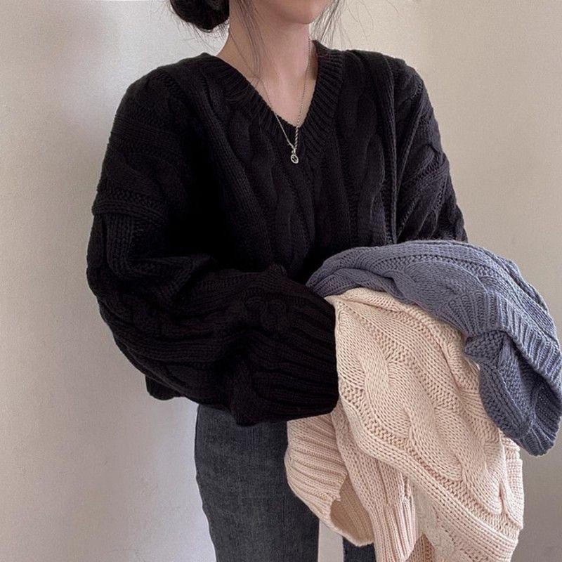 Autumn Winter Vintage Twist Cropped Sweater Pullover Women Loose V-Neck Knitted Jumper Lazy Style Classic Long Sleeve Knitwear