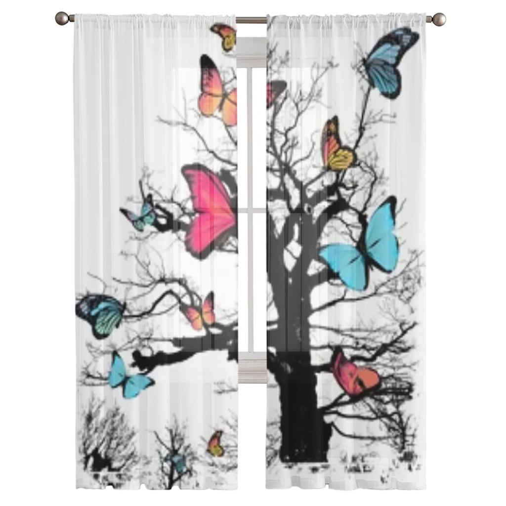 Tree Butterfly Black Nature Sheer Curtains For Living Room Kids Bedroom Tulle Curtains Kitchen Window Treatment Drapes