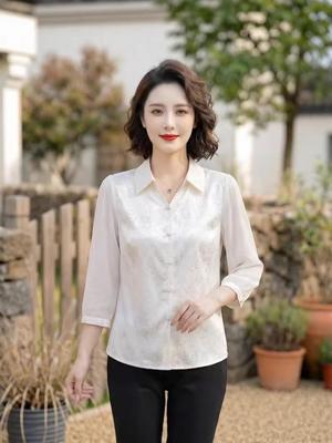 2026 Stylish Chiffon Blouse for Middle-Aged & Elderly Women - Fashionable Three-Quarter Sleeve Slimming Top