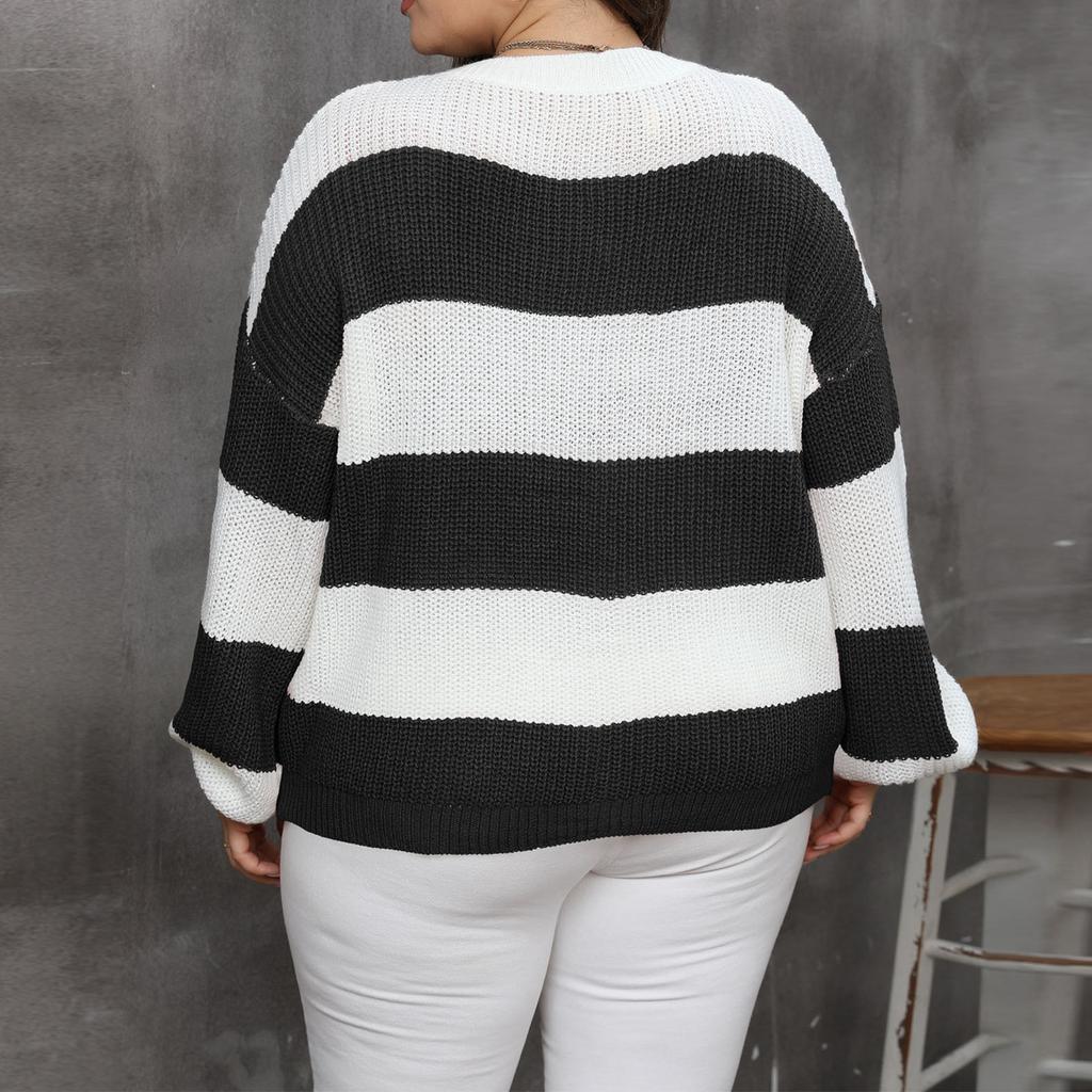 Women Knitwear Clashing Stripes Intercolor Pullover Round Neck Loose Sweater