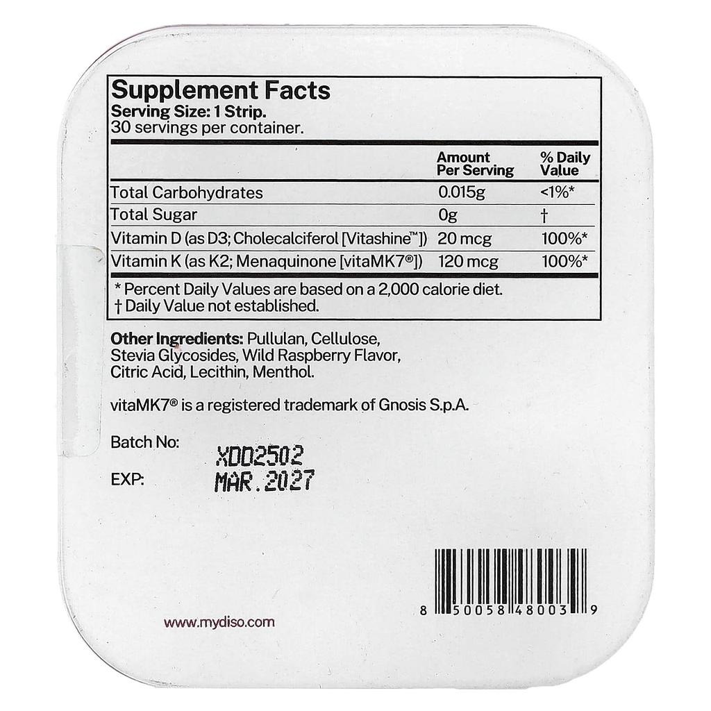 Diso, Vitamin D3 + K2, Wild Raspberry, Oral Strips, 30
