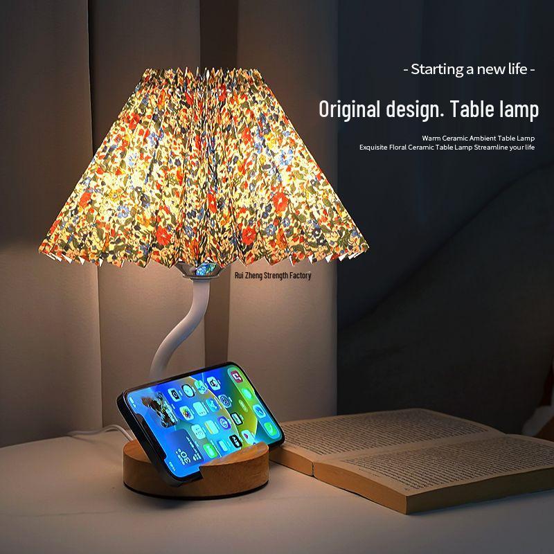 Multifunctional Pleated Bedside Table Lamp with Storage & Remote-Control Night Light