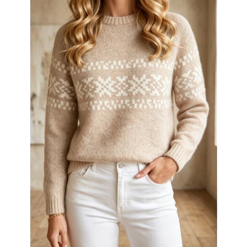 Women Vintage Geometric Jacquard Knit Sweater Raglan Crew Neck Loose Fit Casual Base Layer