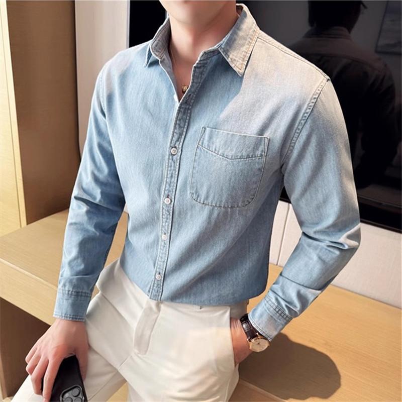 Men's 90% Cotton Denim Shirt High Quality Fashion Blue Casual Long Sleeve Jean Shirts