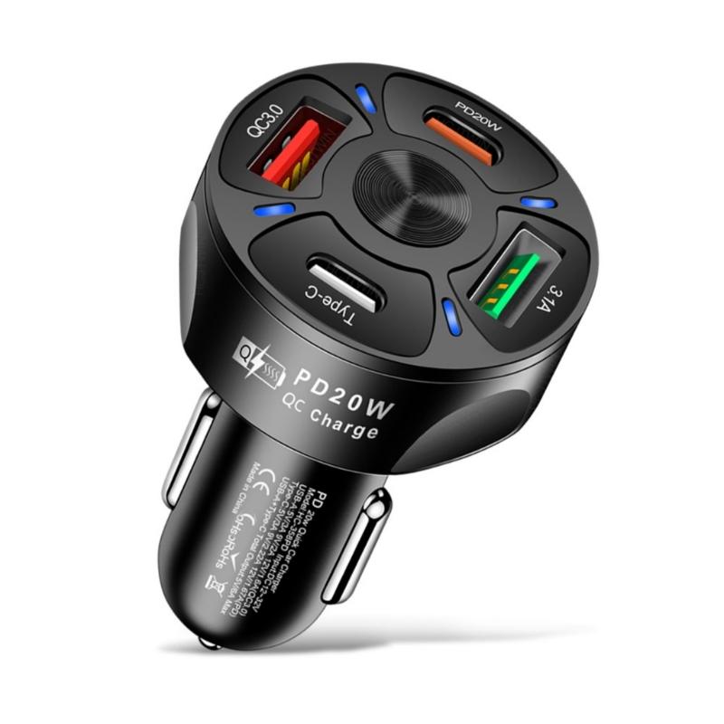 

Car Charger 38W 4 Port USB C Adapter Fast Charging Car Charger Adapter With PD20W QC3.0 3.1A Type C Port for Phone чорний