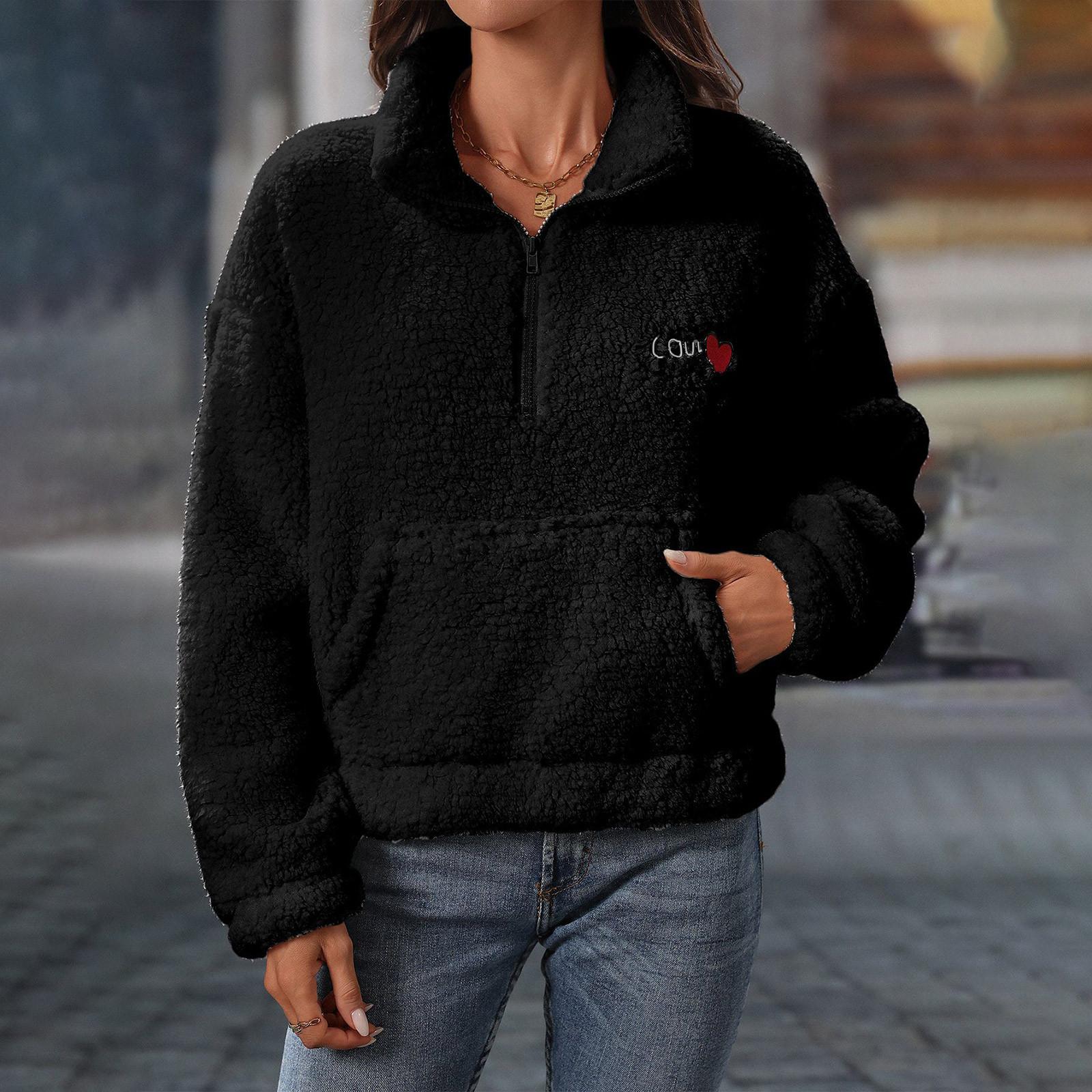 Женская осенне-зимняя плюшевая толстовка с длинным рукавом, свободная, с полумолнией и воротником-стойкой L чёрный
