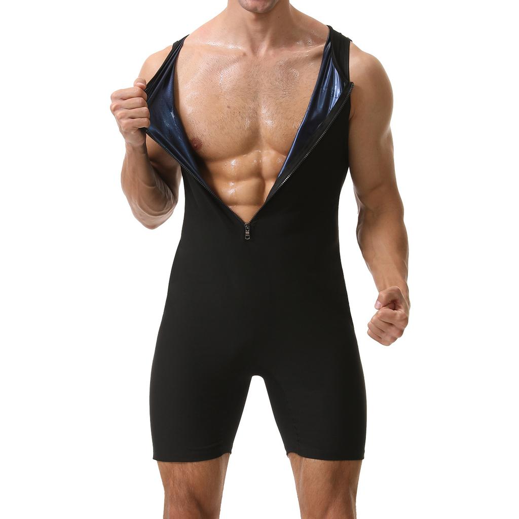 Combinaison Sauna Homme Gainant Body de Course Sweat à Fermeture Éclair Entraînement avec Short Maillot de Corps Fitness Musculation Combinaison d'Exercice Débardeur Combinaison
