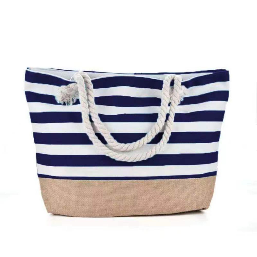Striped Beach Tote Bag Canvas Foldable Travel Handbag Large Capacity Zipper Gym Grocery Vacation Bags