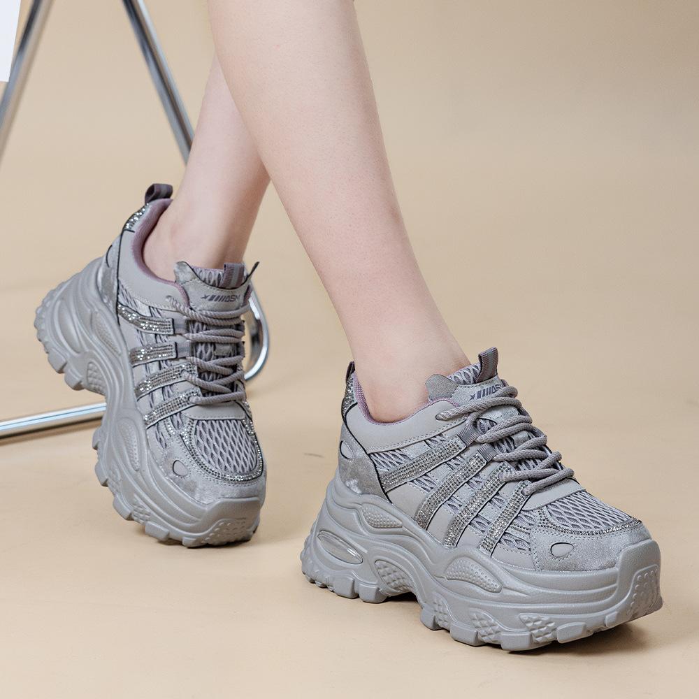 Autumn mesh diamond-encrusted dad shoes women's autumn new thick-soled heightening fashionable versatile sports and leisure shoes