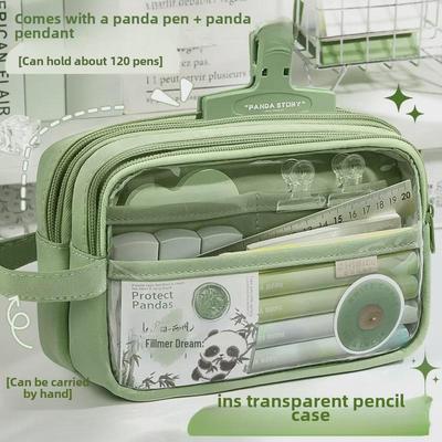 "2024 High-Capacity 5-Layer Transparent Panda Pencil Case for Girls"