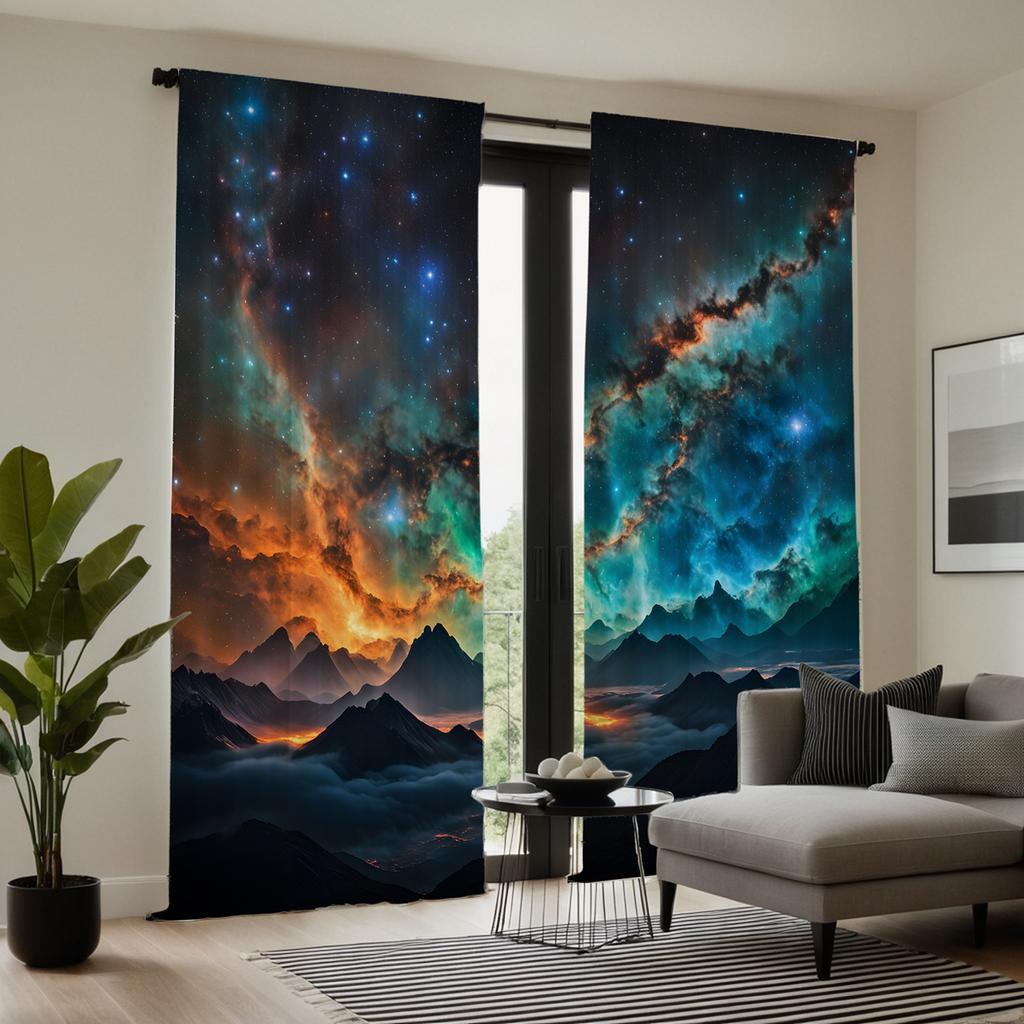 2 Pieces of HD Scenery Under the Stars Decorative Curtain Black Tie Digital Printed Curtain Home Decoration Style Decoration Liv