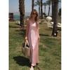 Women Summer Yellow Stain V Neck Sling Dress Elegant Sleeveless Loose Maxi Robes 2025 New Ladies Party Holiday Dresses