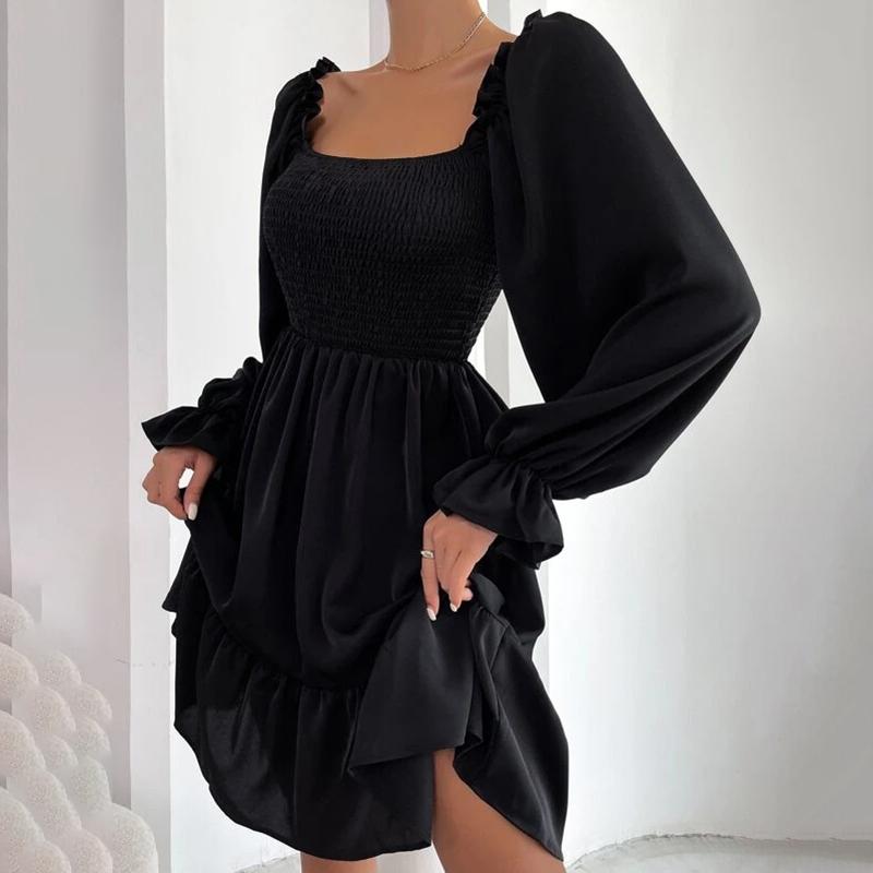 2025 French Minimalist Square-Neck Dress Long-Sleeve High-Waisted Bodycon Dress with Flounced Hem