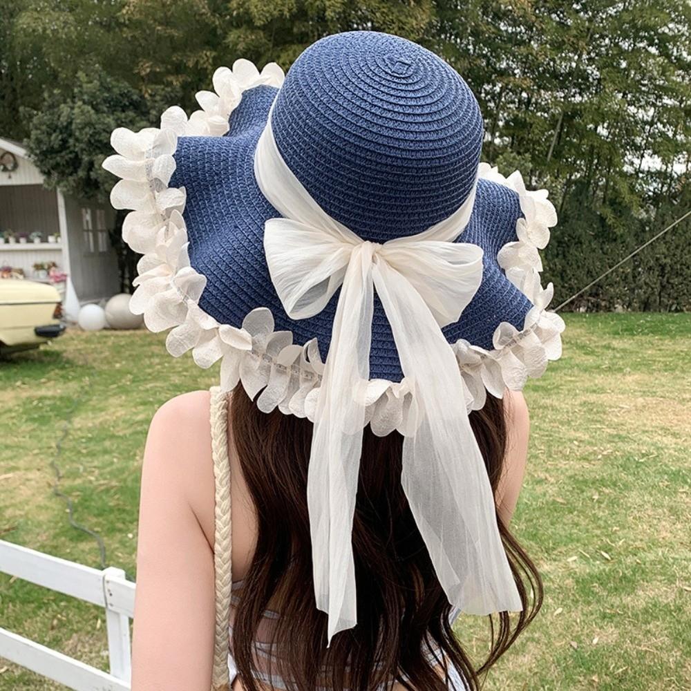 Breathable Straw Hat Wide-brimmed Beach Hat Sweet Sunshade Hat  for Summer Sun Protection