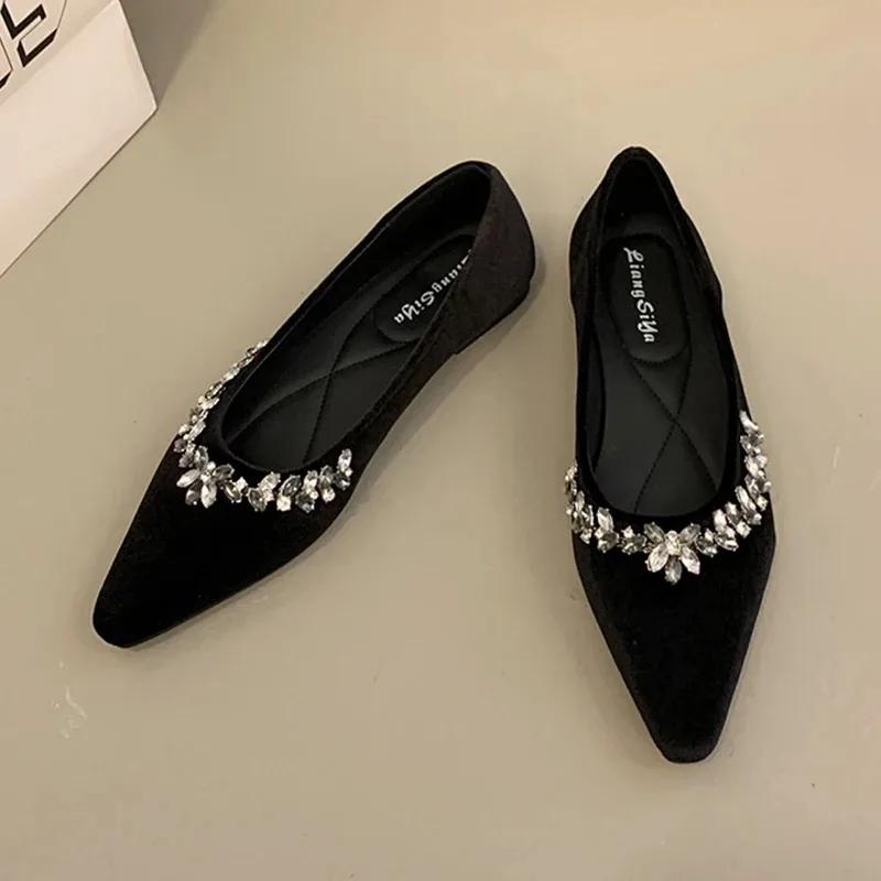 Elegant Women Crystal Flats Loafers Shoes Fashion Pointed Toe Shallow Sandals 2025 Summer New Luxury Dress Woman Shoes for Women