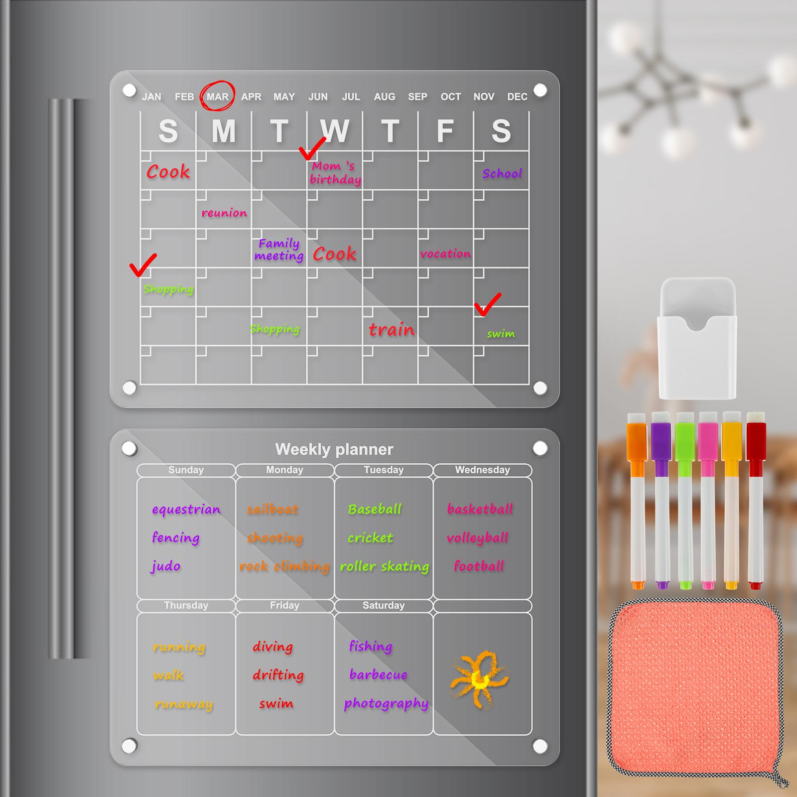 

Acrylic Magnetic Calendar Board Refrigerator Magnet Message Board Planning Board Monthly and Weekly Memo Calendar with 6 Markers