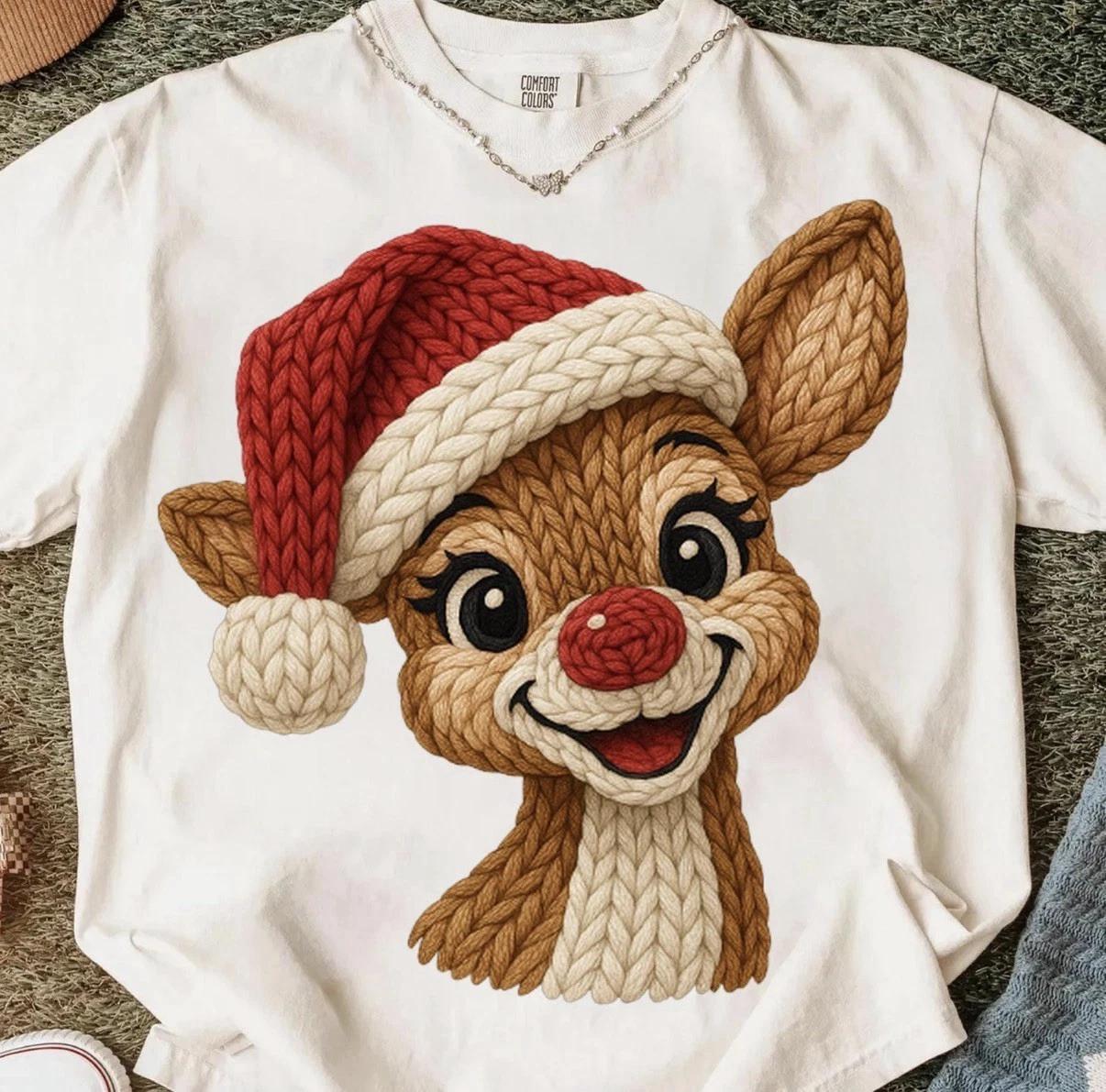Rudolph Knitted Print Christmas T Shirt, Top Tee Deer Grinch S-3XL L