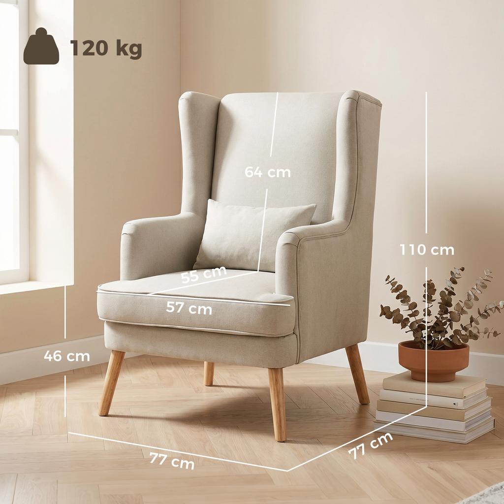 Accent Chair, Armchair with Linen Look, High Backrest, Wide Seat, Lumbar Pillow, Beige