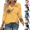 Women's Print Top Button-down V-neck T-shirt 3/4 Sleeve Loose Fashion Top