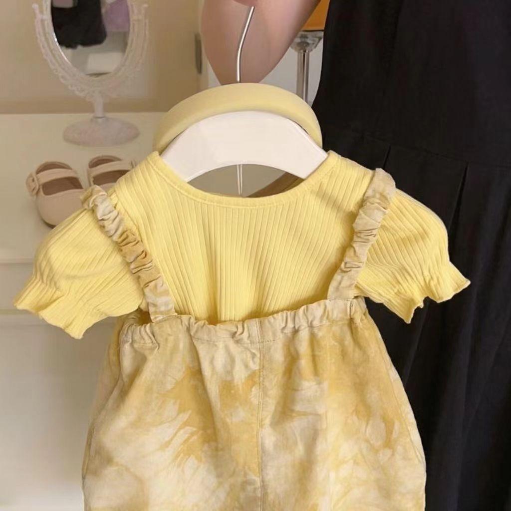 Children Tie Dye Patterned Overalls And Knitted Tops Two Piece Set Autumn For