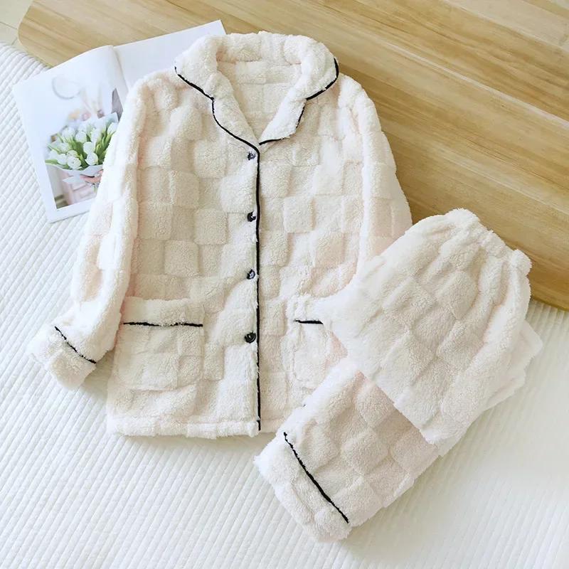 Paar Winter Flanell Pyjama Set Herren und Damen Korallenplüsch Dick Einfarbig Langarm Hose Hausanzug Zweiteiliges Set