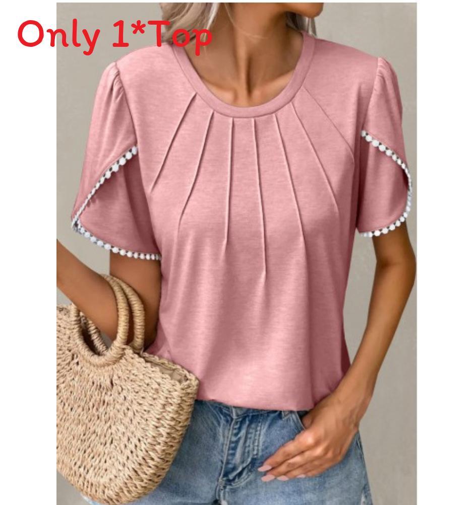 Polyester Casual T Shirt With Ruffle Sleeve And Round Neck For Summer Wear