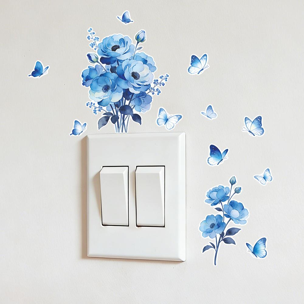 Nightlight Fresh Blue Flower and Blue Butterfly Living Room Home Wall Switch Stickers